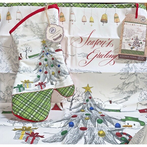 Michel Design Works Season’s Greetings Oven Mitt + Kitchen Towel (Cotton) - Picture 1 of 4